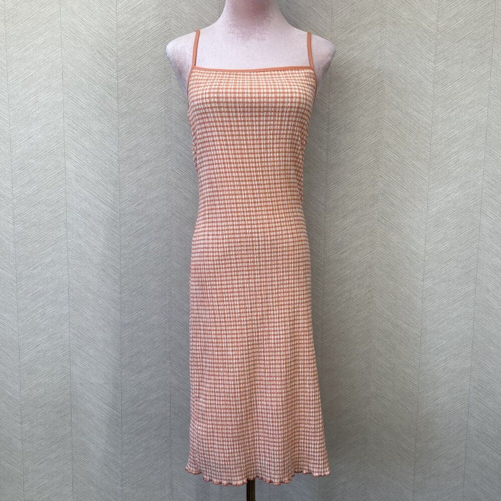Wilfred Orange and White Checkered Womens Summer Midi Squareneck Spaghetti Strap